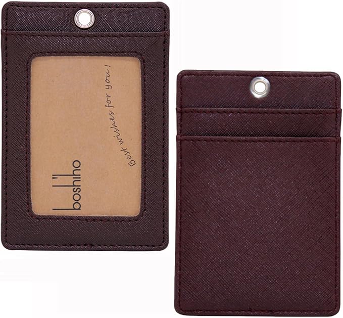 Boshiho Vertical Style PU Leather ID Card Badge Holder with Heavy Duty Lanyard (Brown)