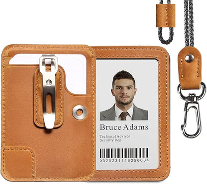 1 Pc LeeFirst Leather ID Badge Holder with Neck Lanyard, Durable ID Card Holder with Detachable Mental Clip for Men Women, Clear Window, 3 Card Slots, Leather Lanyard for Work, School, Golden-Brown
