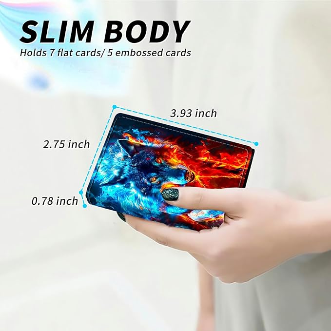 Minimalist Wallet for Men's Card Holders, Pop-Up Card Case Wallets for Women, Leather Automatic Credit Card Holder with Metal Money Clip RFID Blocking Bifold Pocket, Red Blue Flaming Wolf