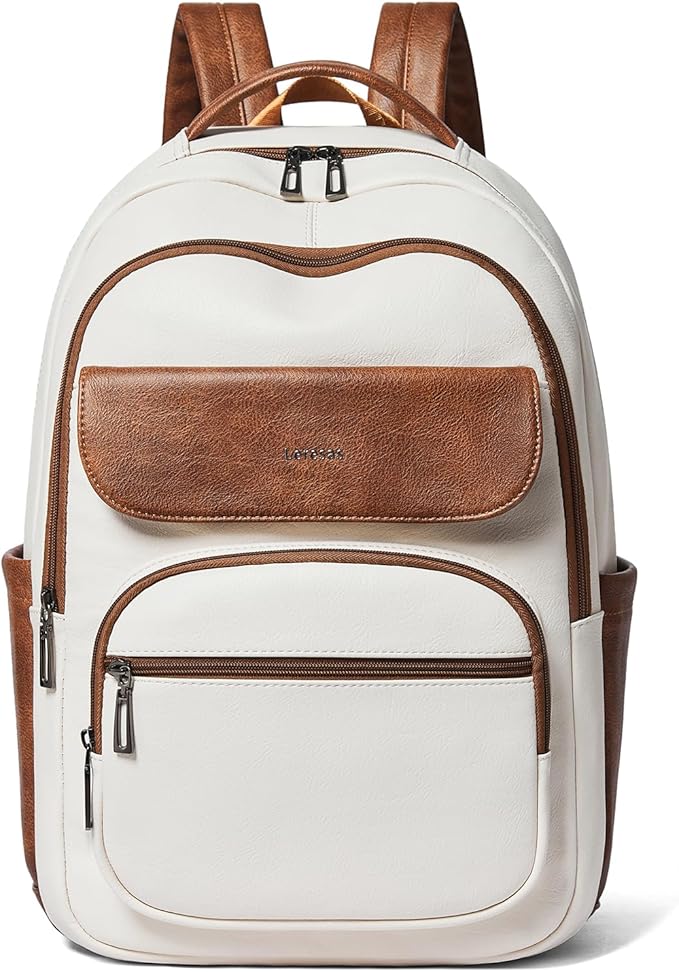 Leresas 37L Backpack Purse for Women Mens Teacher Bag Work Travel Back Pack Vegan Leather Laptop College Daypack Business Computer Book Bag Beige