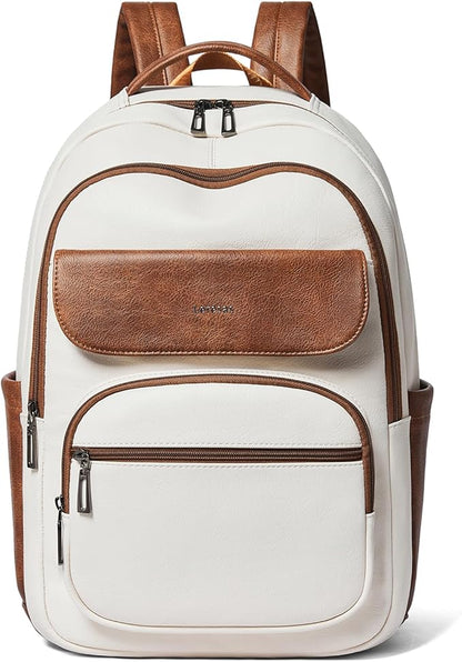 Leresas 37L Backpack Purse for Women Mens Teacher Bag Work Travel Back Pack Vegan Leather Laptop College Daypack Business Computer Book Bag Beige