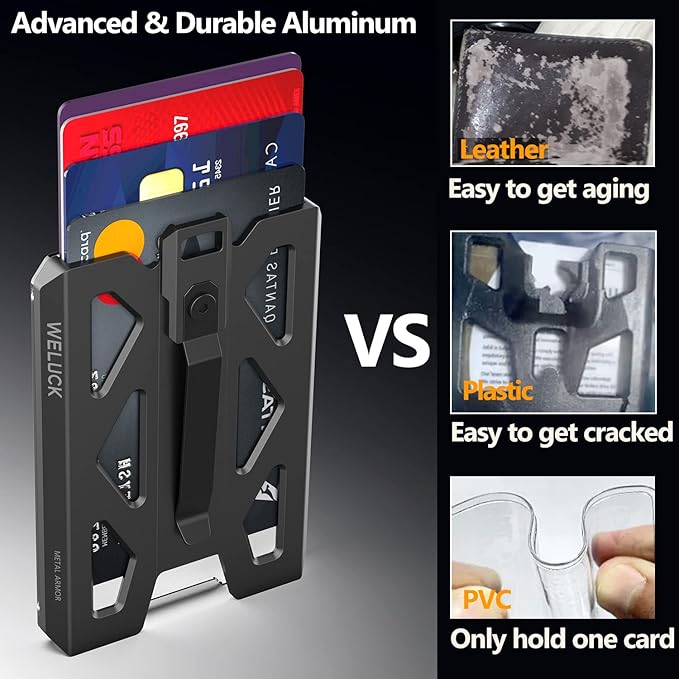 Badge Holder, Durable Aluminum ID Card Holder Wallet by WELUCK, 4 Cards/ID Badges Holder with Lanyard and Metal Clip, for Business Office Work Police Gift Outdoor (Black01)