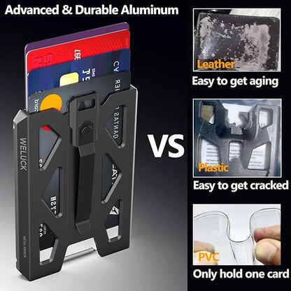Badge Holder, Durable Aluminum ID Card Holder Wallet by WELUCK, 4 Cards/ID Badges Holder with Lanyard and Metal Clip, for Business Office Work Police Gift Outdoor (Black01)