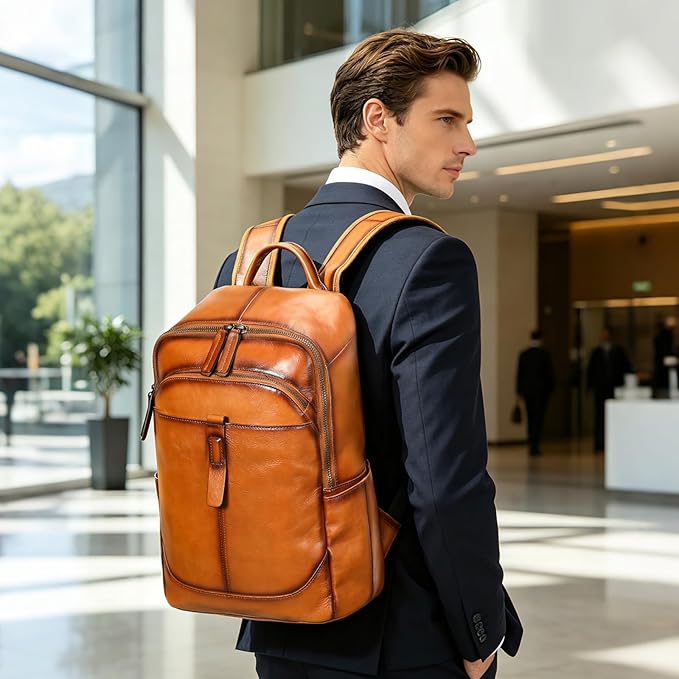NIUCUNZH Genuine Leather Backpack for Men Travel Daypack Women College School Computer Bag for 15inch Laptop Business (brown)