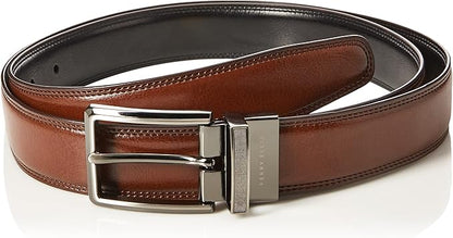 Perry Ellis Men's Portfolio Double Stitched Leather Reversible Belt, Brown/Black, Silver Prong Buckle, Burnished Edges