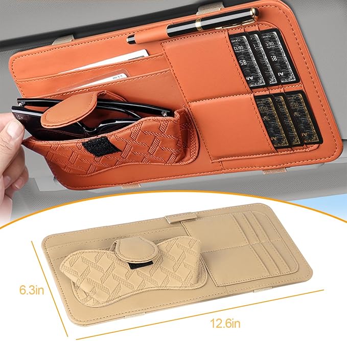 Car Sun Visor Organizer, Leather Multi Pocket Vehicle Visor Storage Pouch for Sunglasses Card License, Multifunctional Auto Interior Organization Accessories, Universal Fit (Beige)