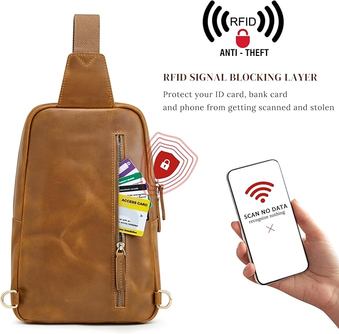 S-ZONE Sling Bag for Men Women RFID Blocking Genuine Leather Crossbody Shoulder Bag Backpack Hiking Daypack Travel | RFID Blocking, Genuine Leather, Hiking Daypack, Travel