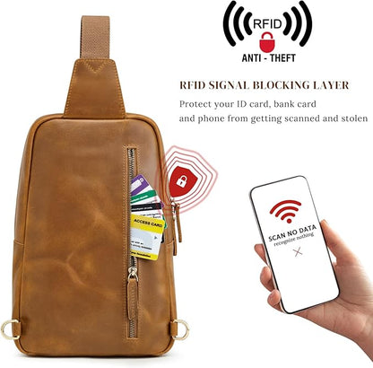 S-ZONE Sling Bag for Men Women RFID Blocking Genuine Leather Crossbody Shoulder Bag Backpack Hiking Daypack Travel | RFID Blocking, Genuine Leather, Hiking Daypack, Travel