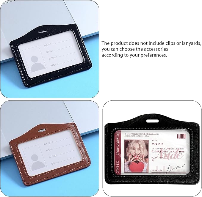 2 Pcs Black Brown Durable Leather ID Badge Holder, Double Sided Clear Window Horizontal Holders Waterproof Name Card Holders for Office, Staff, Students