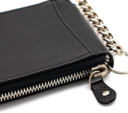 RFID Safe Leather Bi-fold Chain Wallet for Men Zip around Purse for Women Biker's Trucker YKK Metal Zipper Closure Filp up window ID (Black with Chain)