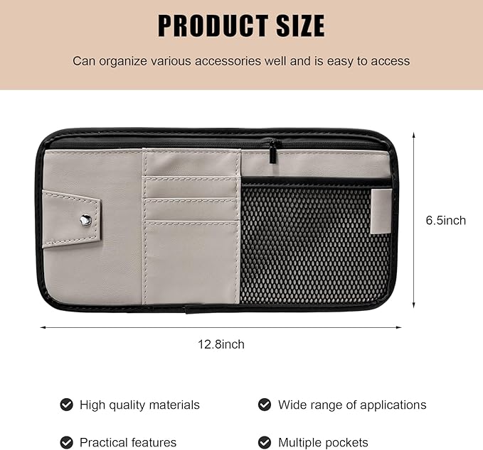 Car Sun Visor Organizer, PU Leather Multi-Pocket Visor Storage Pouch with Zipper, Auto Interior Document Holder Sunvisor Card Sleeve Pocket Organizer for Driving License Pen Key (Gray)