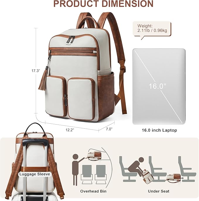 Shrrie Laptop Backpack for Women 16 Inch,Vegan Leather Travel Backpack Purse Work Business Computer Backpacks Teacher Nurse College Laptop Bookbag Casual Daypack,Beige with Brown