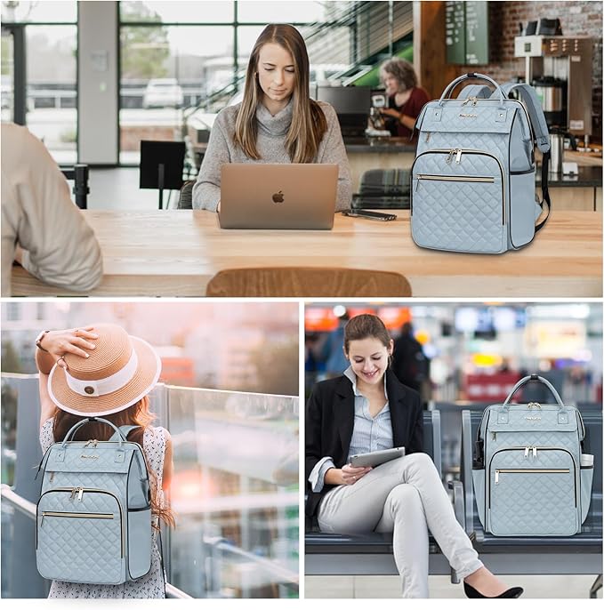 EMPSIGN 17 Inch Laptop Backpack for Women, Work Business Travel Computer College Bags, Large Capacity Water-repellent Quilted Casual Daypack, Light Blue