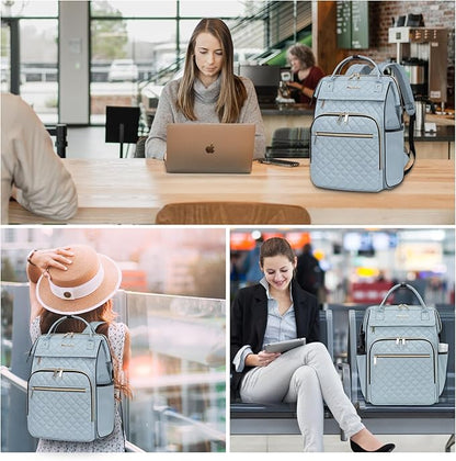 EMPSIGN 17 Inch Laptop Backpack for Women, Work Business Travel Computer College Bags, Large Capacity Water-repellent Quilted Casual Daypack, Light Blue