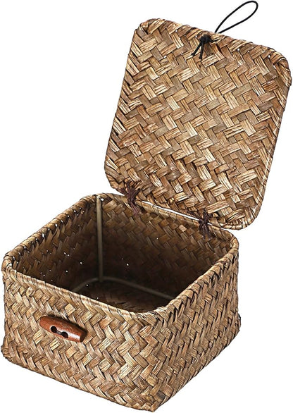 Hipiwe Handwoven Seagrass Basket Bin Small Decorative Shelf Basket Boxes with Lid Wicker Storage Baskets Bins Multipurpose Table Organizer for Key Home Decor, 4.7"L x 4.7"W x 3"H