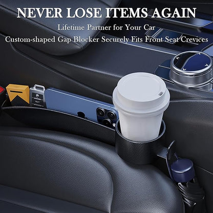 Car Seat Gap Filler Set of 2, Upgraded Car Side Seat Gap Fillers with Organizer, Cup Holder & Hook Function, Inserts Between Front Seats Console Catcher 4in1 Gap Stopper Fill Plug Storage Box (Black)
