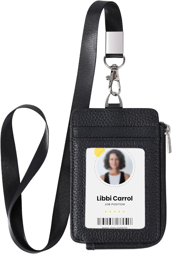 Genuine Leather id Badge Holder with Zipper Pocket,Vertical Lanyard Wallet,id Covers for Work Badge, Credit Card,Cruise Ship Cards,Black