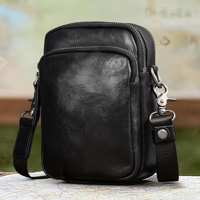 Augus Leather Messenger Crossbody Shoulder Bag for Men Work Business Casual Adjustable Straps (Black-1)