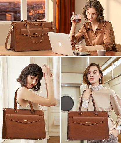 LOVEVOOK Laptop Bag for Women, 15.6'' Laptop Tote Purse 2-in-1 Professional Work Bag Business Briefcase with Clutch Purse, Waterproof Vintage Leather Computer Handbag for Teacher Office Travel