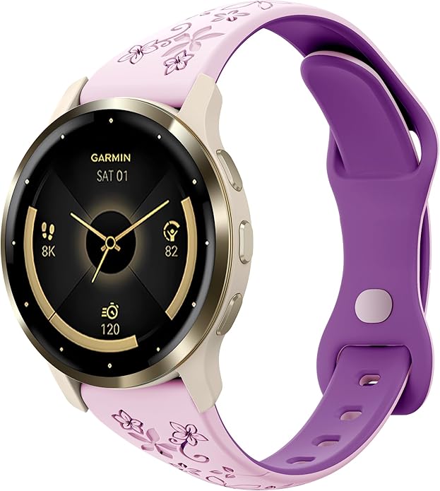 Laband 18mm Floral Engraved Band Compatible With Garmin Venu 3S 41mm/Venu 2S/Vivoactive 4S/Vivomove 3S/Venu 4 41mm/Forerunner 255S/Forerunner 265S,Soft Slim Silicone Cute Embossed Flower Strap for Men