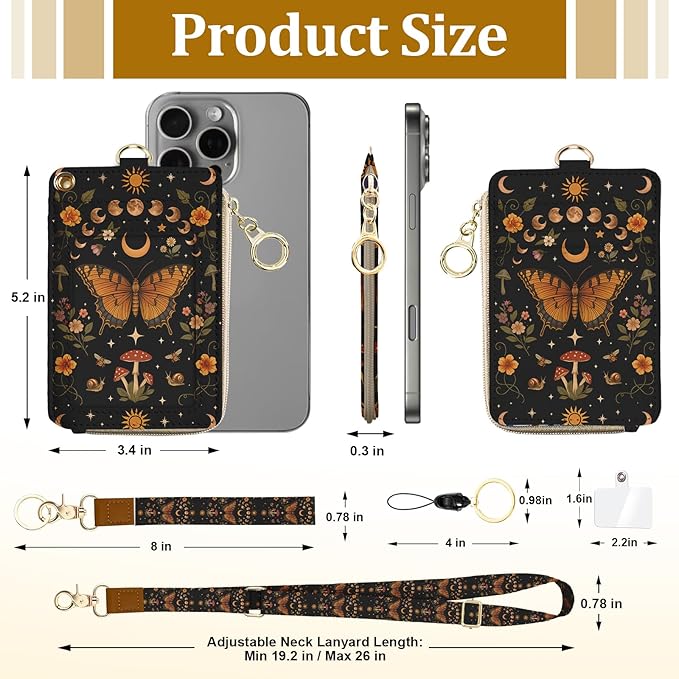Butterfly Boho Lanyard Wallet with ID Badge Holder, Sun and Moon Mushroom Flower PU Leather Zipper Slim Card Holder for Women,Adjustable Neck Lanyard Wrist Strap with Keychain for Teacher Student