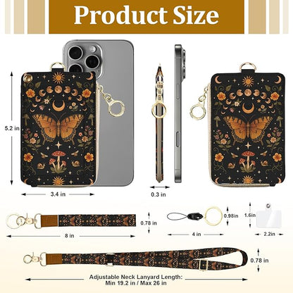 Butterfly Boho Lanyard Wallet with ID Badge Holder, Sun and Moon Mushroom Flower PU Leather Zipper Slim Card Holder for Women,Adjustable Neck Lanyard Wrist Strap with Keychain for Teacher Student
