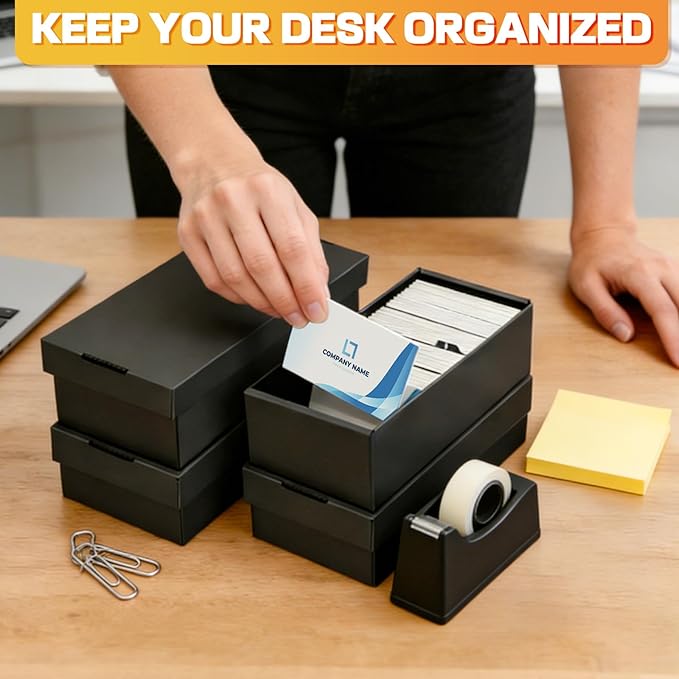 Business Card Storage Box 4 Pack, Business Card Holder Case with Lids, Holds 3200 Cards Total, 3-Layer Corrugated Desk Business Card Organizer, Black Card Index Photo & Office Supplies Storage