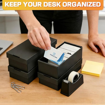 Business Card Storage Box 4 Pack, Business Card Holder Case with Lids, Holds 3200 Cards Total, 3-Layer Corrugated Desk Business Card Organizer, Black Card Index Photo & Office Supplies Storage