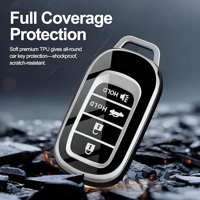 Key Fob Cover for Honda - Premium Soft TPU Shell Full Protection Case with Keychain, Fits HR-V CR-V Pilot Accord Civic Passport, Black 5-Button