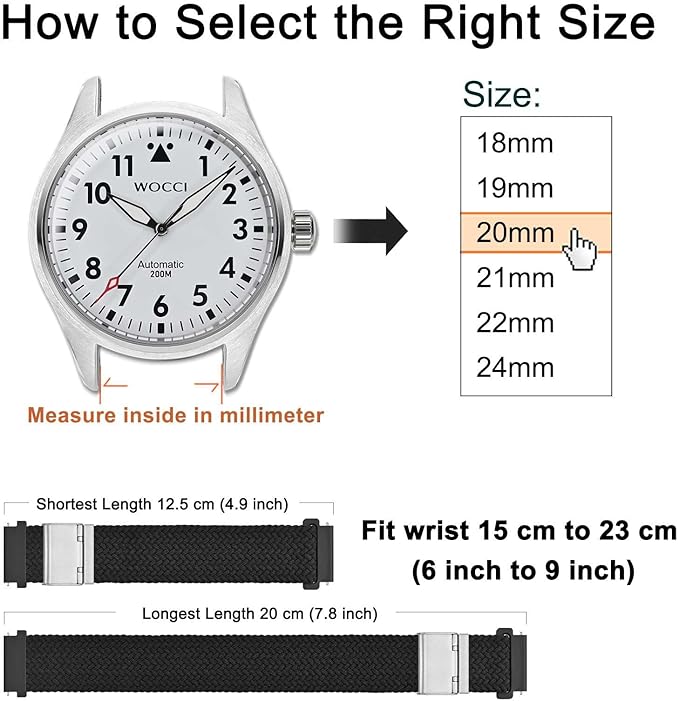 WOCCI 24mm Braided Nylon Watch Band for Men and Women, Quick Release, Silver Stainless Steel Buckle (Black)