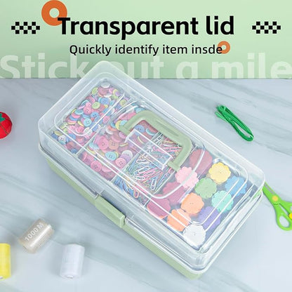 TERGOO 14in 3-Layer Multipurpose Craft Organizers and Storage with Adjustable Dividers, Portable Tackle Box, Folding Art & Craft Case for Medicine, Tool, Sewing Organizer (Haze Green, X-Large)