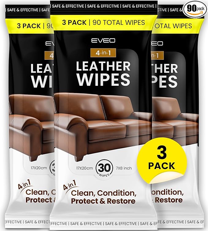 EVEO Leather Cleaner Wipes 4-in-1 Leather Cleaner and Conditioner for Furniture - Leather Couch Cleaner, Car, Shoes & Purses – UV Protection, XL Moistened Wipes Restore & Protect – 3 Pack (90 Total)