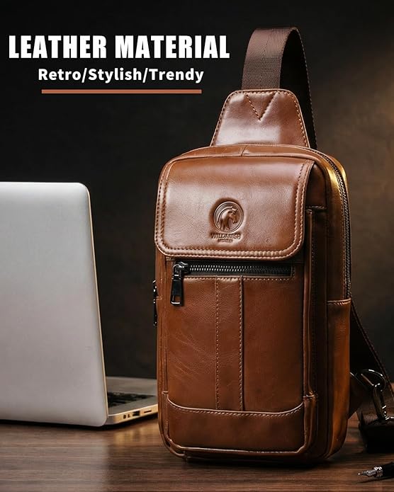 RAINBOW HORSE Brown Leather Chest Bag - Men's Genuine Leather Shoulder Pouch with Dual Front Pockets, Stylish Crossbody Sling for Travel & Work