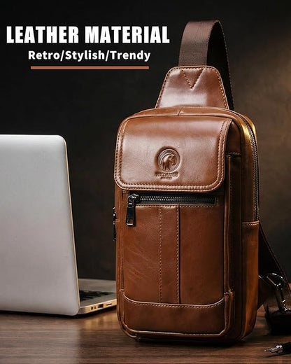 RAINBOW HORSE Brown Leather Chest Bag - Men's Genuine Leather Shoulder Pouch with Dual Front Pockets, Stylish Crossbody Sling for Travel & Work