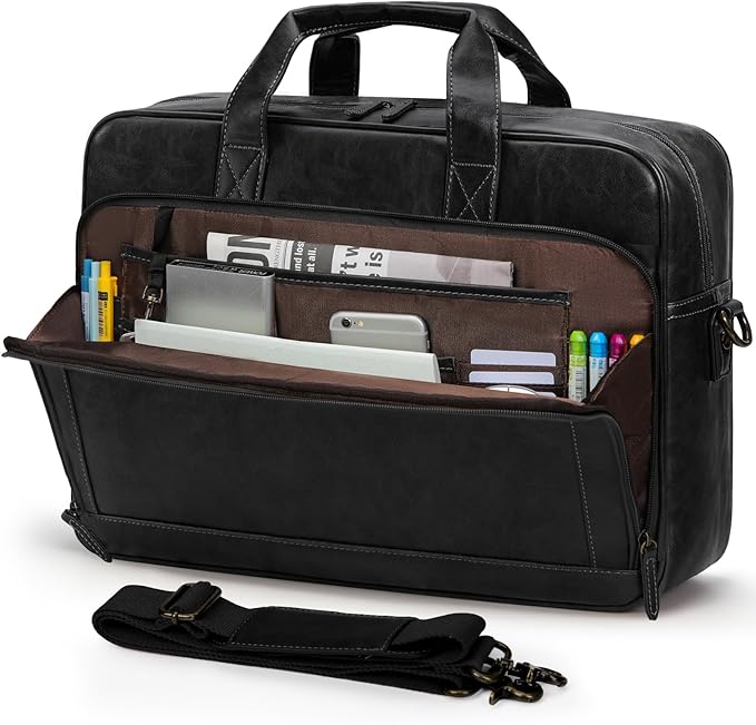 RAINSMORE Mens Laptop Bag 16 Inch Leather Briefcase Vintage Messenger Bag for Men Large Crossbody Shoulder Office Computer Bag Retro College Satchel for Work, Business,Travel, Black