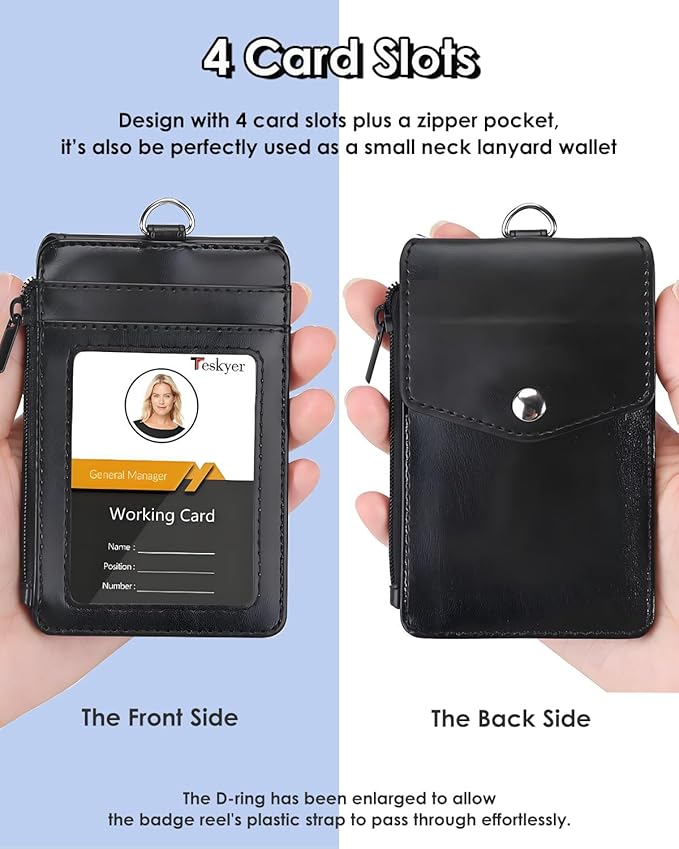Teskyer ID Badge Holder with Lanyard, 1 Zip Pocket and 4 Card Slots, Lanyard ID Card Holder Wallet for Office School Work Badges, Cruise Ship Cards, Pass Cards - Black