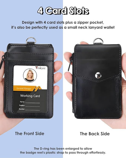 Teskyer ID Badge Holder with Lanyard, 1 Zip Pocket and 4 Card Slots, Lanyard ID Card Holder Wallet for Office School Work Badges, Cruise Ship Cards, Pass Cards - Black