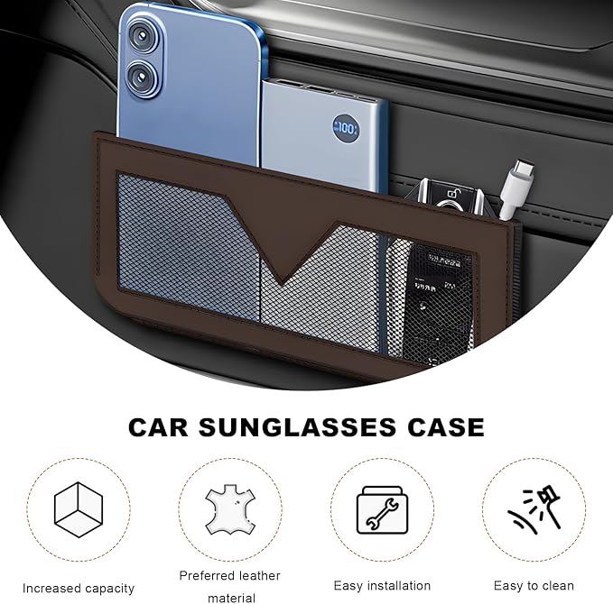 Car Sunglasses Case, PU Leather Pocket Self-Adhesive Storage Pouch for Vehicle Door Window Console, Multifunctional Vehicle Interior Organizer for Glasses Phones Wallets Keys (Brown)