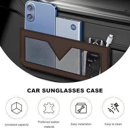 Car Sunglasses Case, PU Leather Pocket Self-Adhesive Storage Pouch for Vehicle Door Window Console, Multifunctional Vehicle Interior Organizer for Glasses Phones Wallets Keys (Brown)