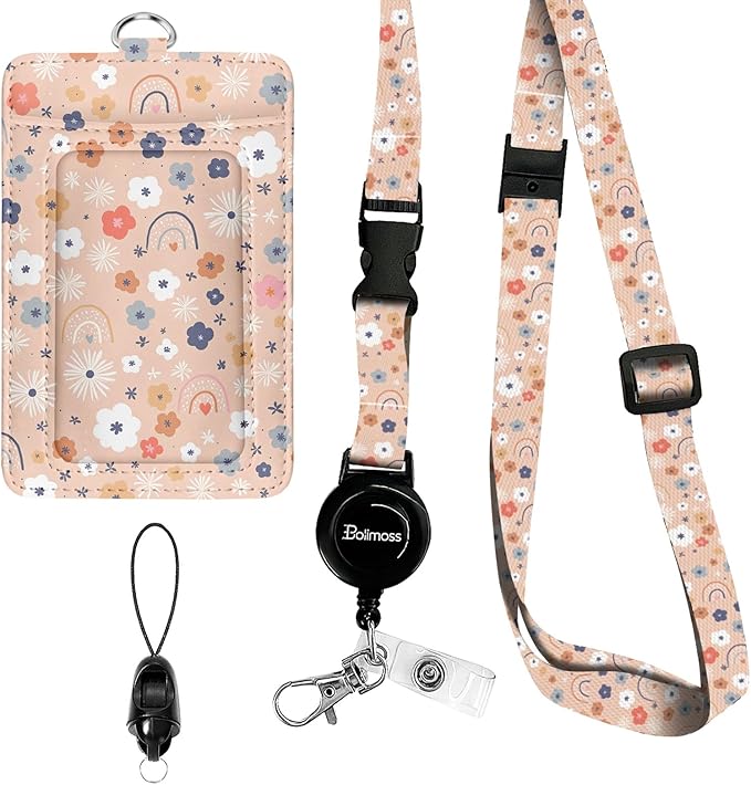 bolimoss Flowers Rainbows Lanyards for ID Badges, Cute ID Card Holders with Teacher Lanyards, Breakaway Neck Lanyards with Retractable Badge Reels Quick-Release Buckles and Adjustable Straps