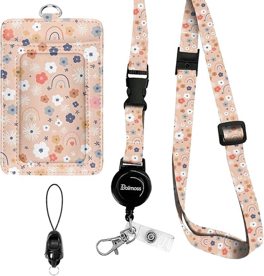 bolimoss Flowers Rainbows Lanyards for ID Badges, Cute ID Card Holders with Teacher Lanyards, Breakaway Neck Lanyards with Retractable Badge Reels Quick-Release Buckles and Adjustable Straps