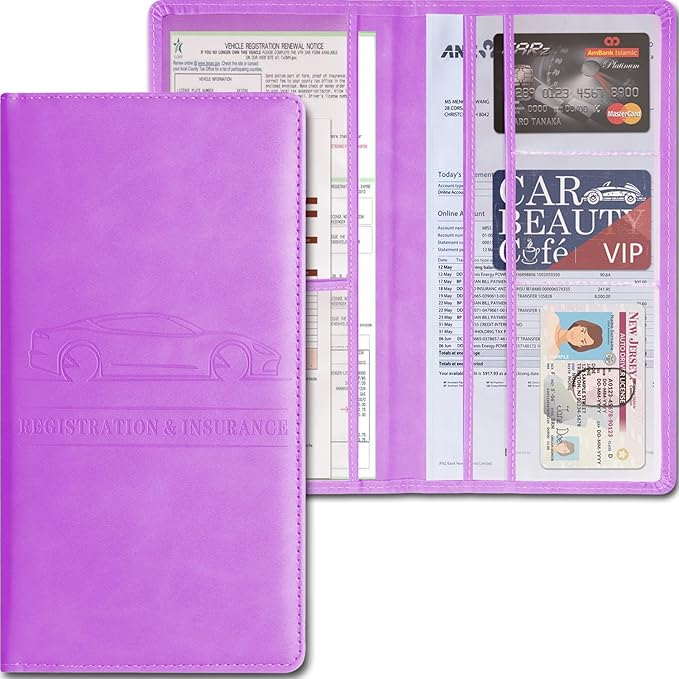 Car Accessories Registration and Insurance Holder,Leather Essential Card Magnetic Shut Vehicle Glove Box Organizer Case for Auto Driver License Document Truck Motorcycle Boat-Purple