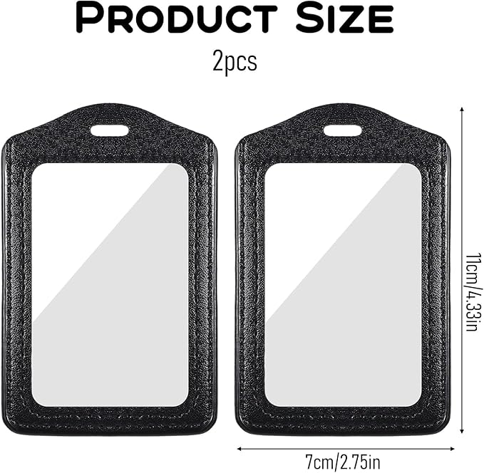 Genuine Leather ID Badge Holders, 2Pcs Leather Badge Holder with Double Side Clear Window, Vertical ID Card Holders, Waterproof Name Badge Holder for Students, Staff, Office, Employees, Black