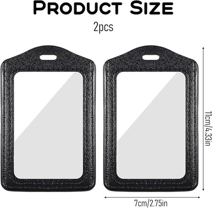 Genuine Leather ID Badge Holders, 2Pcs Leather Badge Holder with Double Side Clear Window, Vertical ID Card Holders, Waterproof Name Badge Holder for Students, Staff, Office, Employees, Black