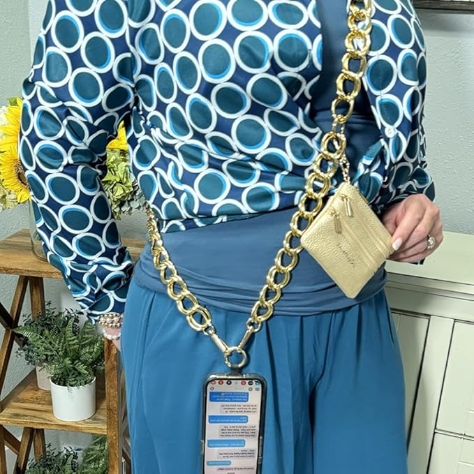 Save the Girls Clip and Go Double Link Chain (Gold - Gold Pouch) – Stylish Phone Lanyard Crossbody with Wallet for Women, Hands-Free Carrying and Adjustable Crossbody Chain Strap