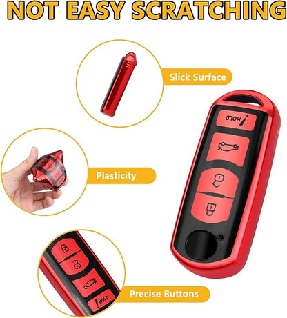 FT FUNTOR for Mazda Car Key Cover,4 Red Buttons TPU Key Cover with Keychain,Compatible with Mazda 3 6 8 CX-3 CX-5 CX-7 CX-9 atenza Miata MX-5 (C-Red)