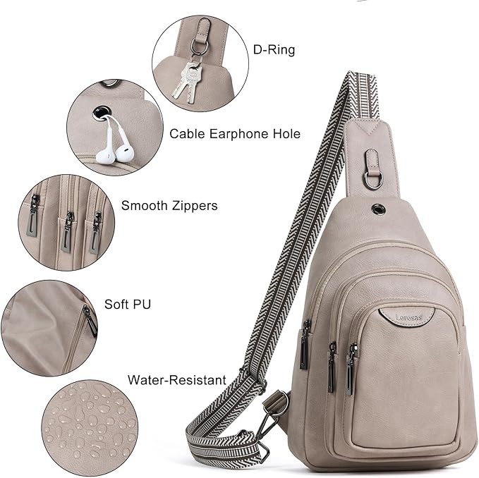 Leresas 10L Crossbody Sling Bag for Women Men Anti Theft Cross Body Fanny Pack Belt Bag Purse Gifts for Women Faux Leather, Light Grey