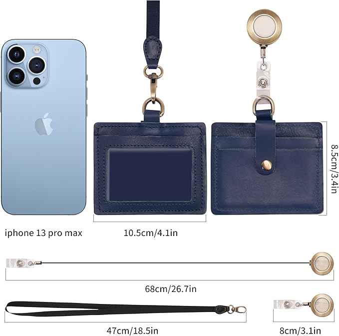 Wonderpool Leather Horizontal Badge Holder with Detachable Neck Lanyard and Retractable Badge Reel Clip, Card Slots Case ID Card Holder for ID Badges Card and Driver Licence (Blue)