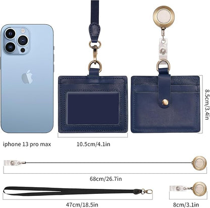 Wonderpool Leather Horizontal Badge Holder with Detachable Neck Lanyard and Retractable Badge Reel Clip, Card Slots Case ID Card Holder for ID Badges Card and Driver Licence (Blue)