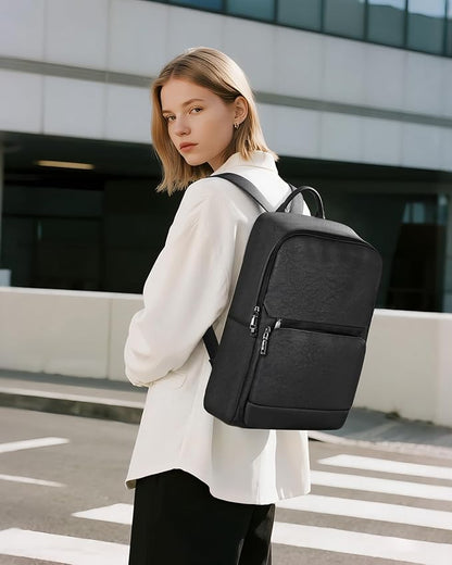 SYTRAH Leather Backpack for Women, Vintage 15.6 inch Laptop Backpack Purse for Women, College Casual Backpacks Ladies Computer Bags for Travel Business Work Pure Black